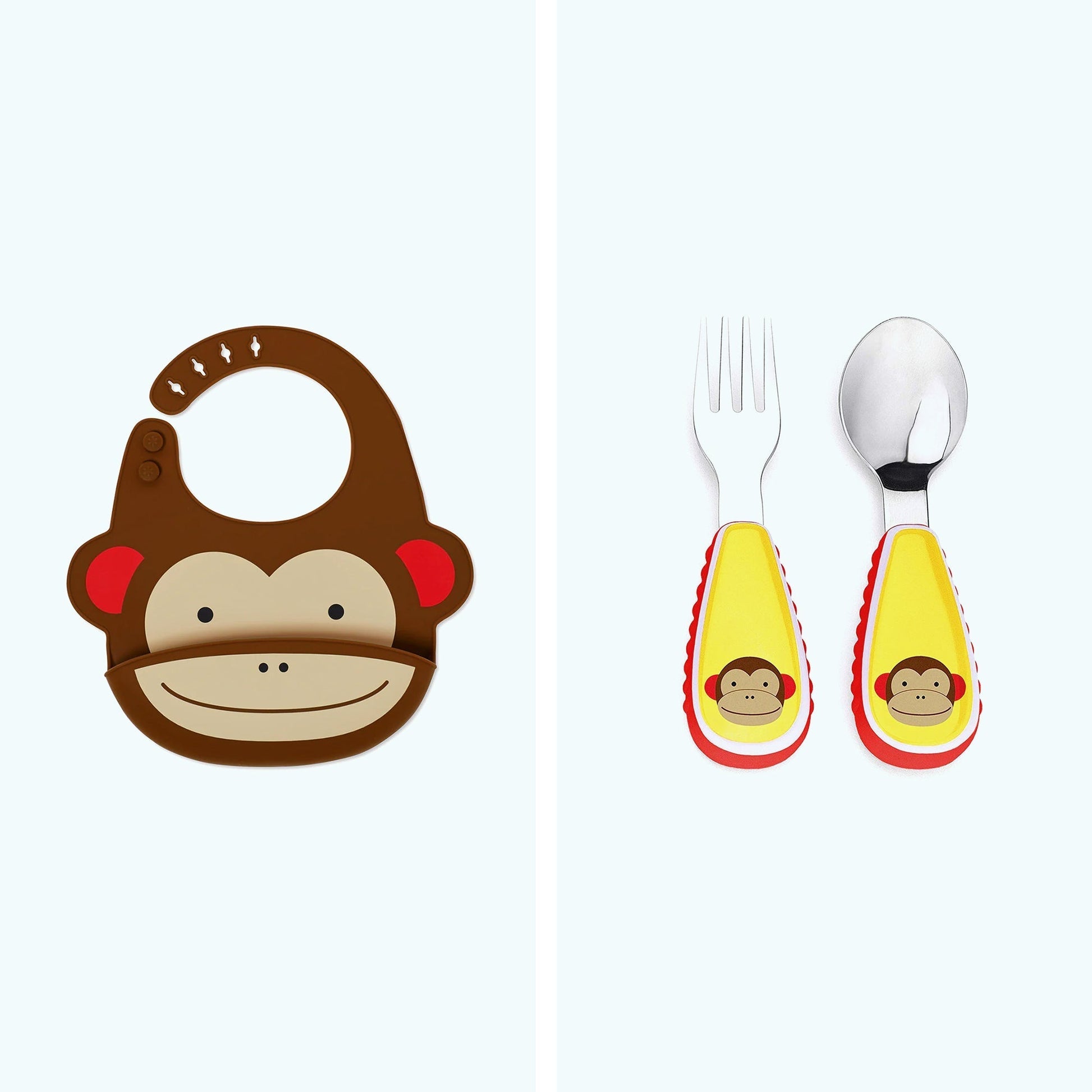 Skip Hop Zoo Fold & Go Silicone Bib Monkey & Skip Hop Zoo Utensils Fork & Spoon Monkey
