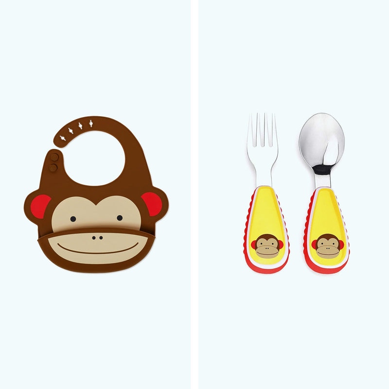 Skip Hop Zoo Fold & Go Silicone Bib Monkey & Skip Hop Zoo Utensils Fork & Spoon Monkey