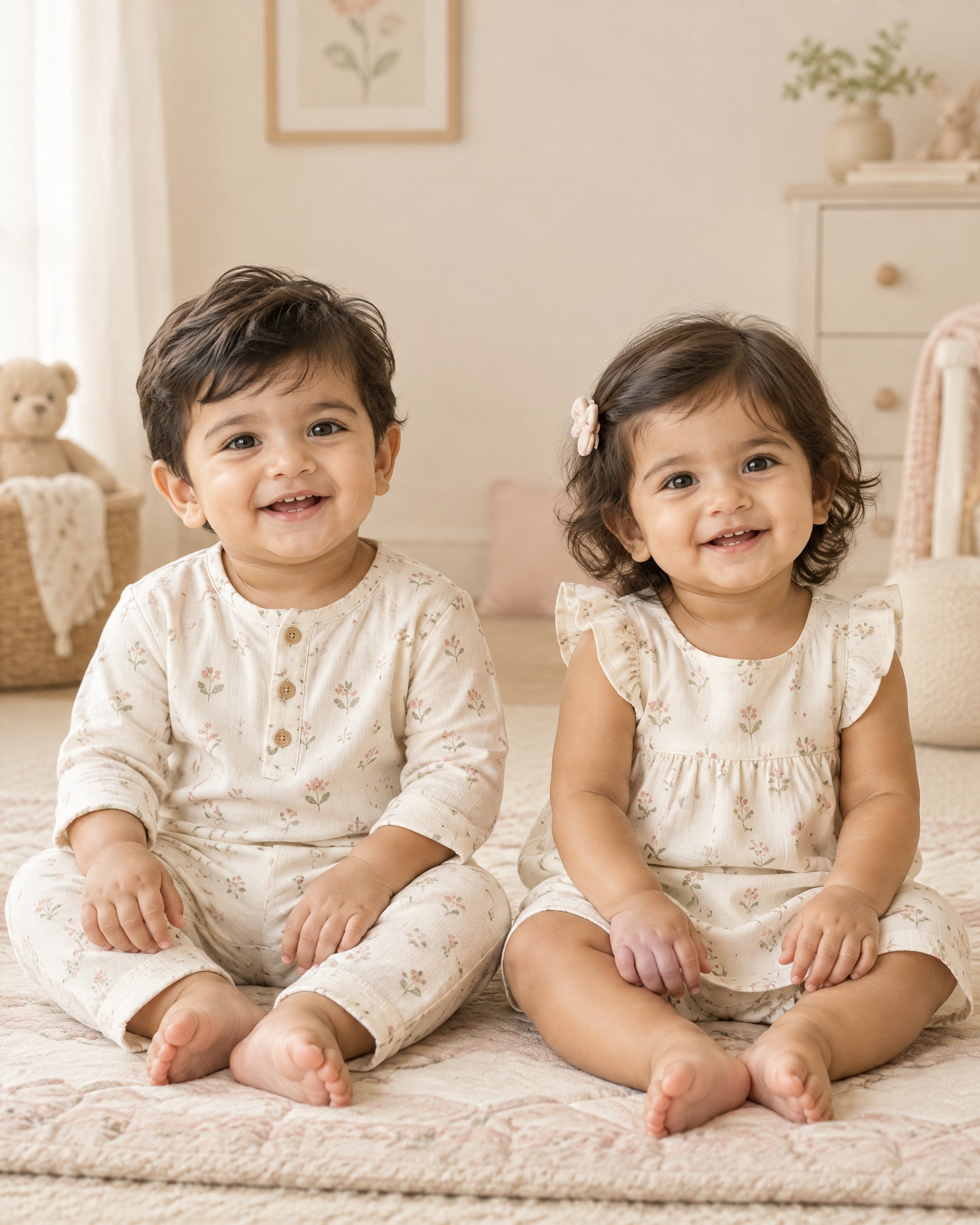 Two little children in coordinating cotton outfits