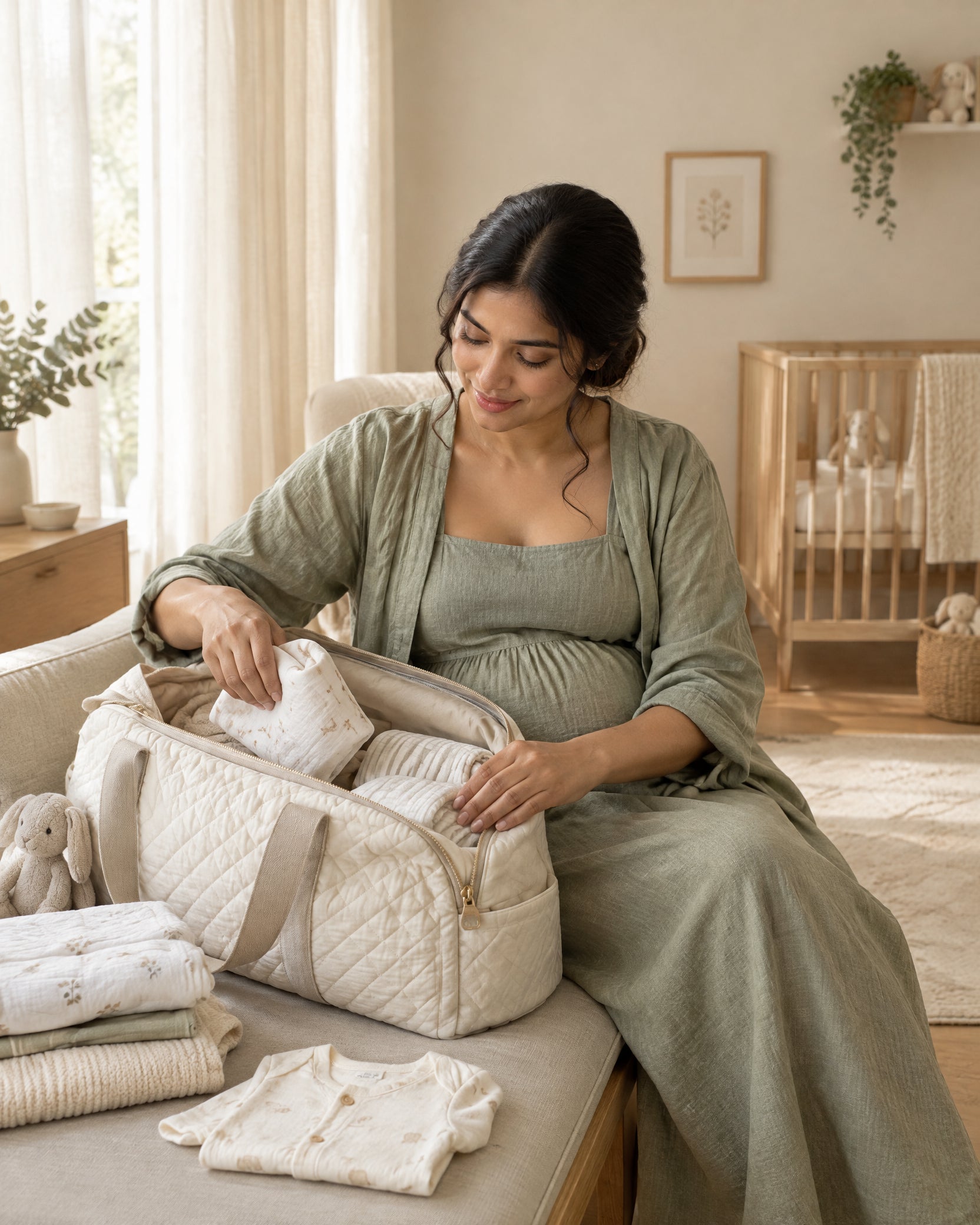 A mother preparing a hospital bag with baby essentials